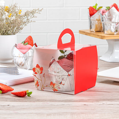 Sweet Vision Square Clear Plastic Cupcake Box - with Handle, Red Paper Wrap, Flower / Bird Accent - 4" x 4" x 4 1/4" - 100 count box