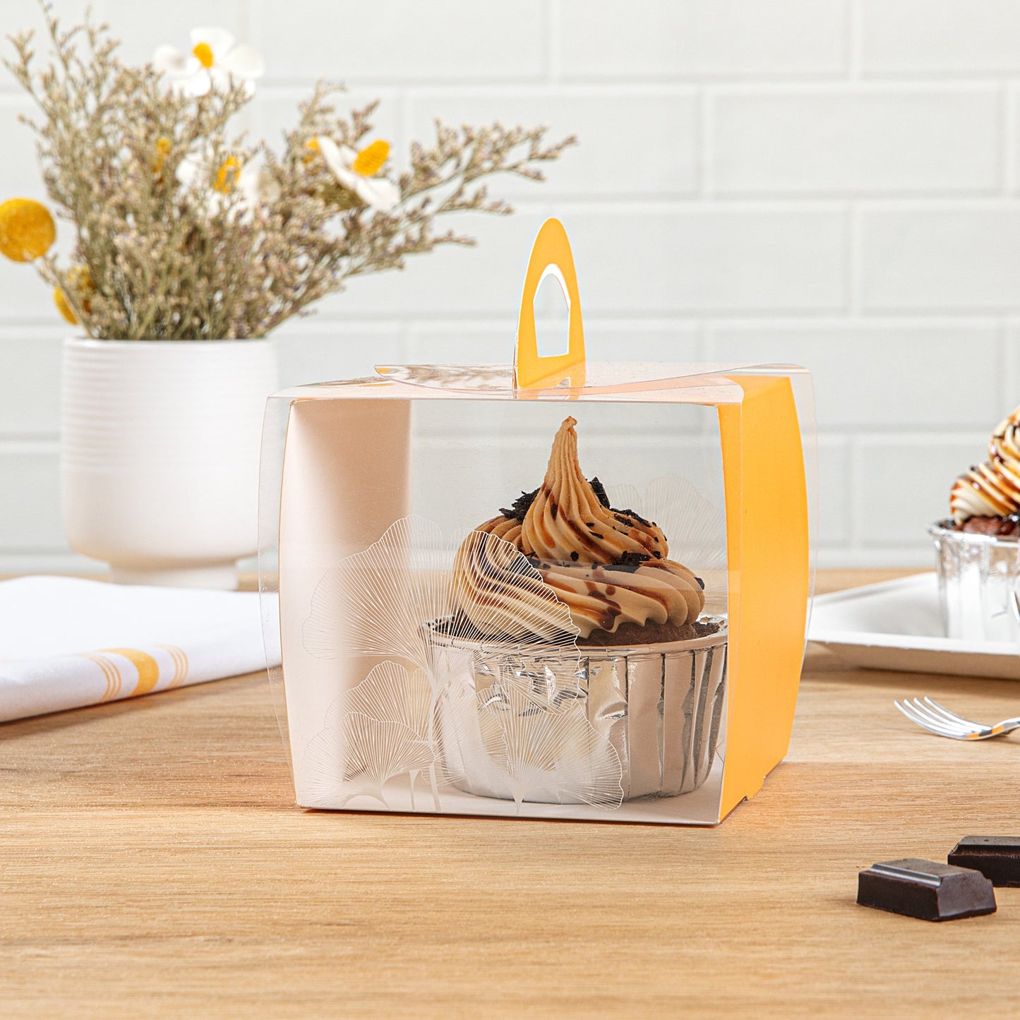 Sweet Vision Square Clear Plastic Cupcake Box - with Handle, Orange Paper Wrap, Leaf Accent - 4" x 4" x 4 1/4" - 100 count box