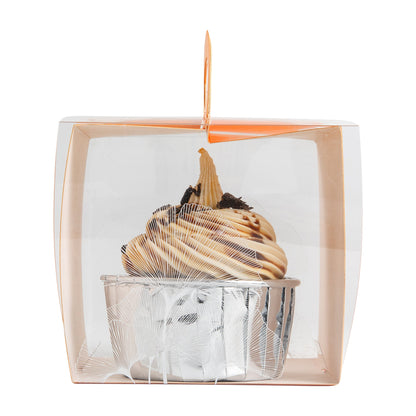 Sweet Vision Square Clear Plastic Cupcake Box - with Handle, Orange Paper Wrap, Leaf Accent - 4" x 4" x 4 1/4" - 100 count box
