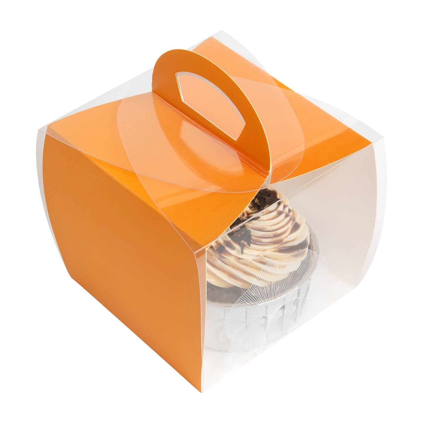 Sweet Vision Square Clear Plastic Cupcake Box - with Handle, Orange Paper Wrap, Leaf Accent - 4" x 4" x 4 1/4" - 100 count box