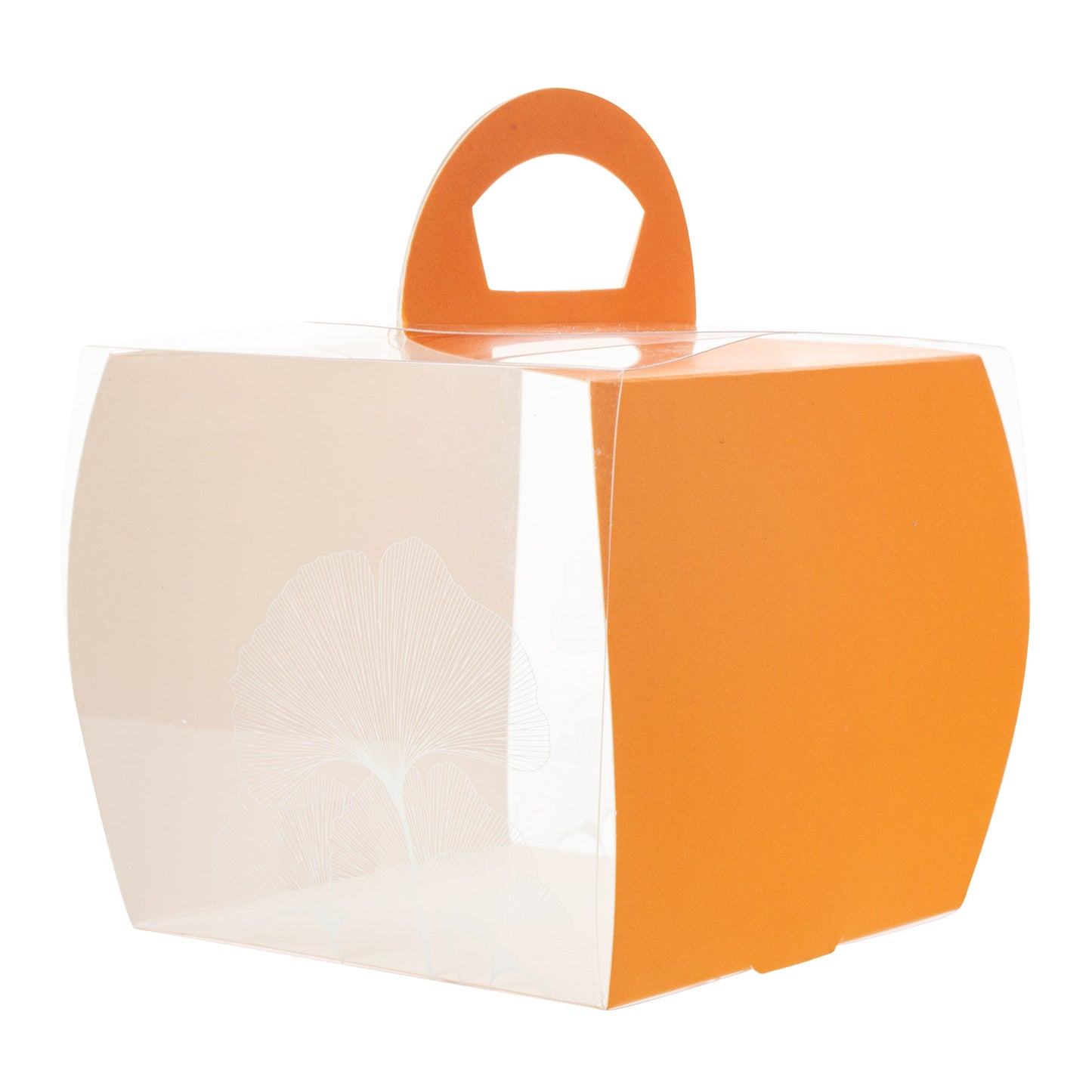 Sweet Vision Square Clear Plastic Cupcake Box - with Handle, Orange Paper Wrap, Leaf Accent - 4" x 4" x 4 1/4" - 100 count box