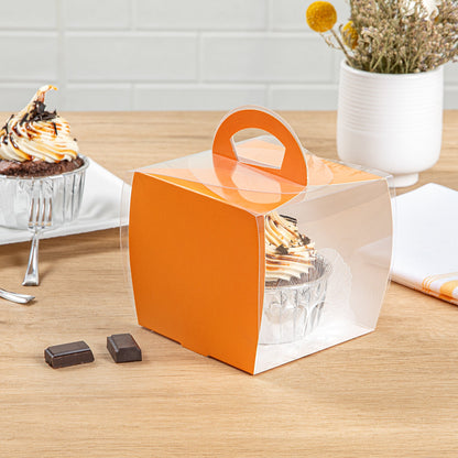Sweet Vision Square Clear Plastic Cupcake Box - with Handle, Orange Paper Wrap, Leaf Accent - 4" x 4" x 4 1/4" - 100 count box