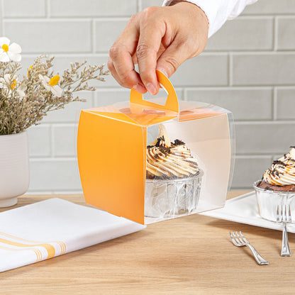 Sweet Vision Square Clear Plastic Cupcake Box - with Handle, Orange Paper Wrap, Leaf Accent - 4" x 4" x 4 1/4" - 100 count box