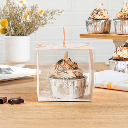 Sweet Vision Square Clear Plastic Cupcake Box - with Handle, Orange Paper Wrap, Leaf Accent - 4" x 4" x 4 1/4" - 100 count box