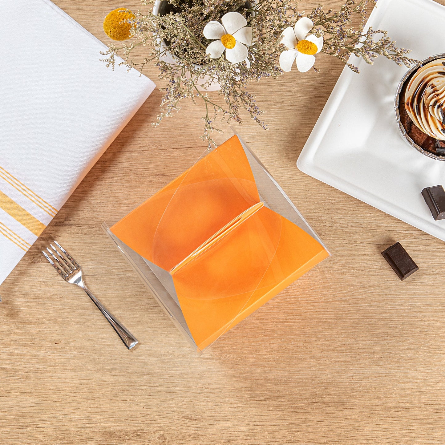 Sweet Vision Square Clear Plastic Cupcake Box - with Handle, Orange Paper Wrap, Leaf Accent - 4" x 4" x 4 1/4" - 100 count box