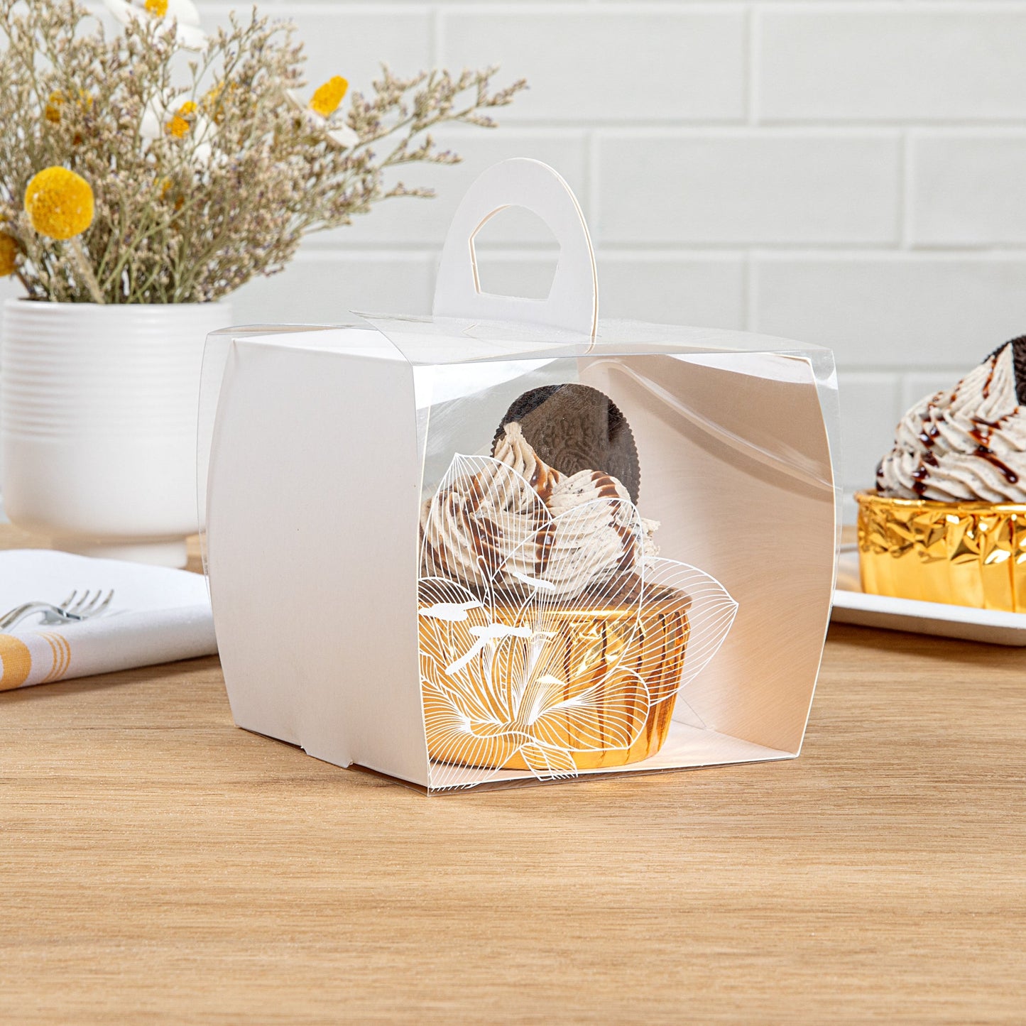 Sweet Vision Square Clear Plastic Cupcake Box - with Handle, White Paper Wrap, Lotus Accent - 4" x 4" x 4 1/4" - 100 count box