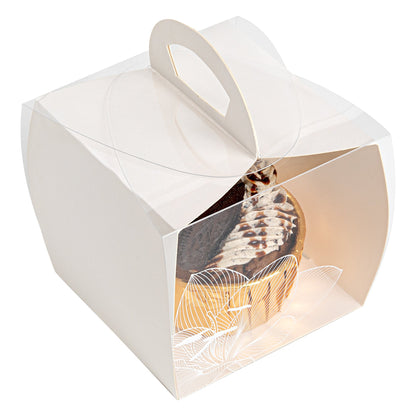 Sweet Vision Square Clear Plastic Cupcake Box - with Handle, White Paper Wrap, Lotus Accent - 4" x 4" x 4 1/4" - 100 count box