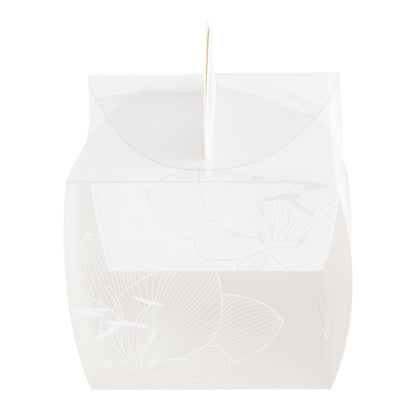 Sweet Vision Square Clear Plastic Cupcake Box - with Handle, White Paper Wrap, Lotus Accent - 4" x 4" x 4 1/4" - 100 count box