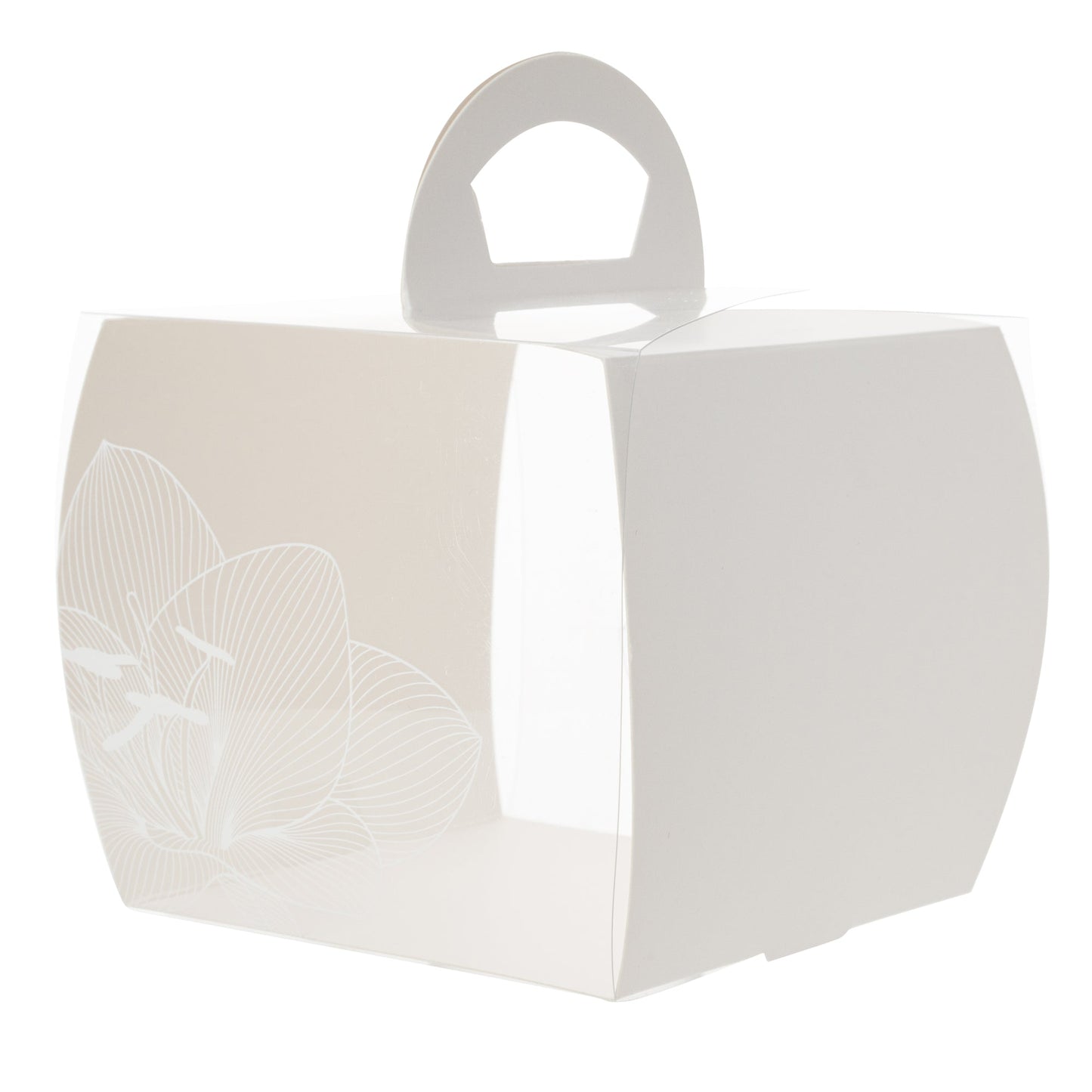 Sweet Vision Square Clear Plastic Cupcake Box - with Handle, White Paper Wrap, Lotus Accent - 4" x 4" x 4 1/4" - 100 count box