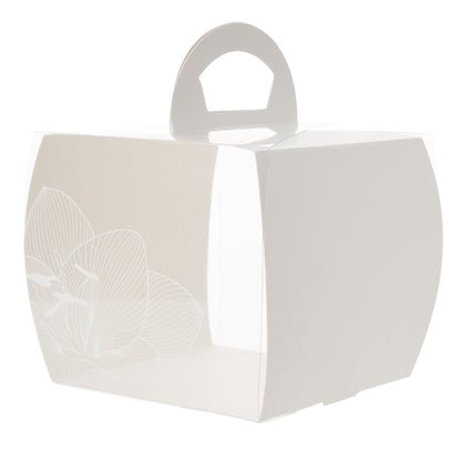 Sweet Vision Square Clear Plastic Cupcake Box - with Handle, White Paper Wrap, Lotus Accent - 4" x 4" x 4 1/4" - 100 count box