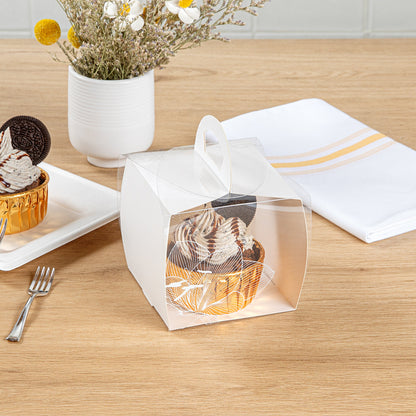 Sweet Vision Square Clear Plastic Cupcake Box - with Handle, White Paper Wrap, Lotus Accent - 4" x 4" x 4 1/4" - 100 count box