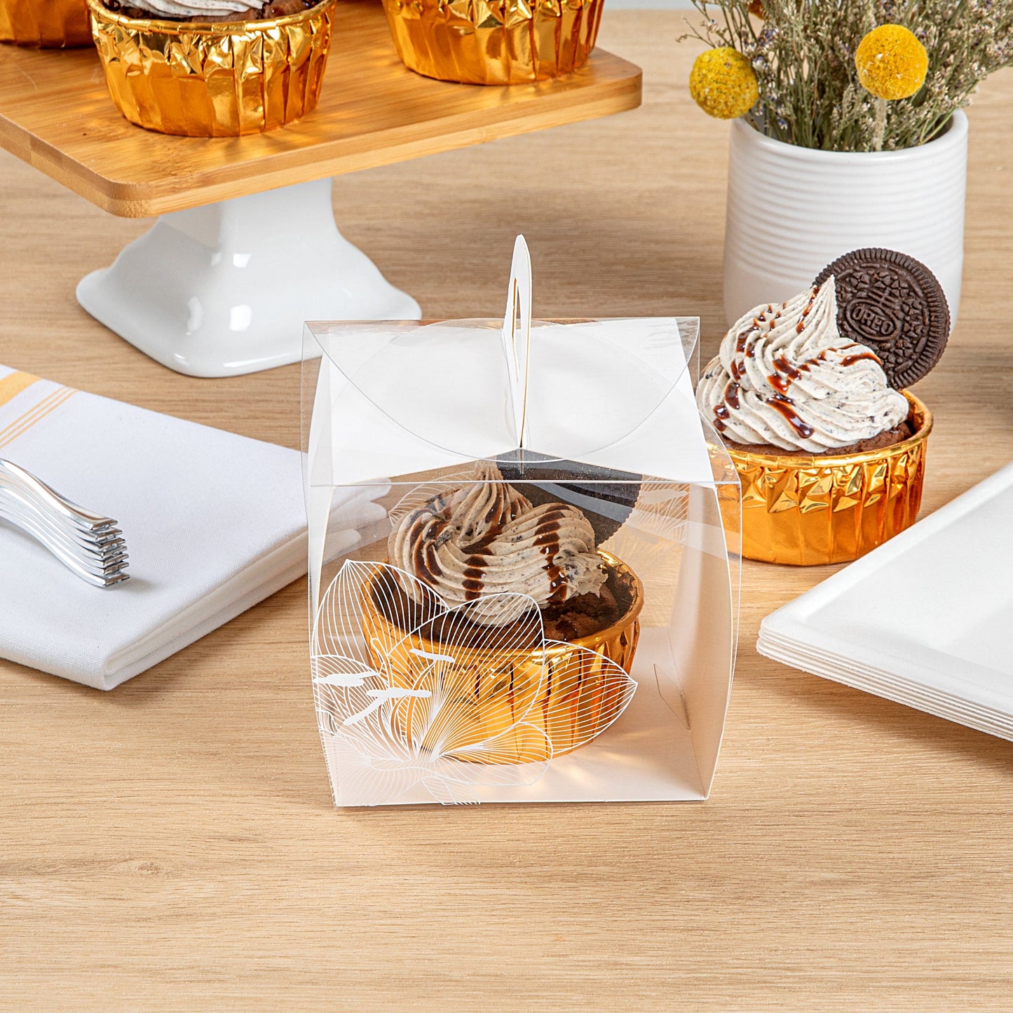 Sweet Vision Square Clear Plastic Cupcake Box - with Handle, White Paper Wrap, Lotus Accent - 4" x 4" x 4 1/4" - 100 count box