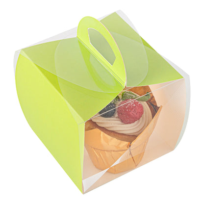Sweet Vision Square Clear Plastic Cupcake Box - with Handle, Yellow Paper Wrap, Geometric Line Accent - 4" x 4" x 4 1/4" - 100 count box