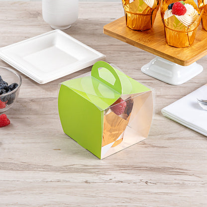 Sweet Vision Square Clear Plastic Cupcake Box - with Handle, Yellow Paper Wrap, Geometric Line Accent - 4" x 4" x 4 1/4" - 100 count box