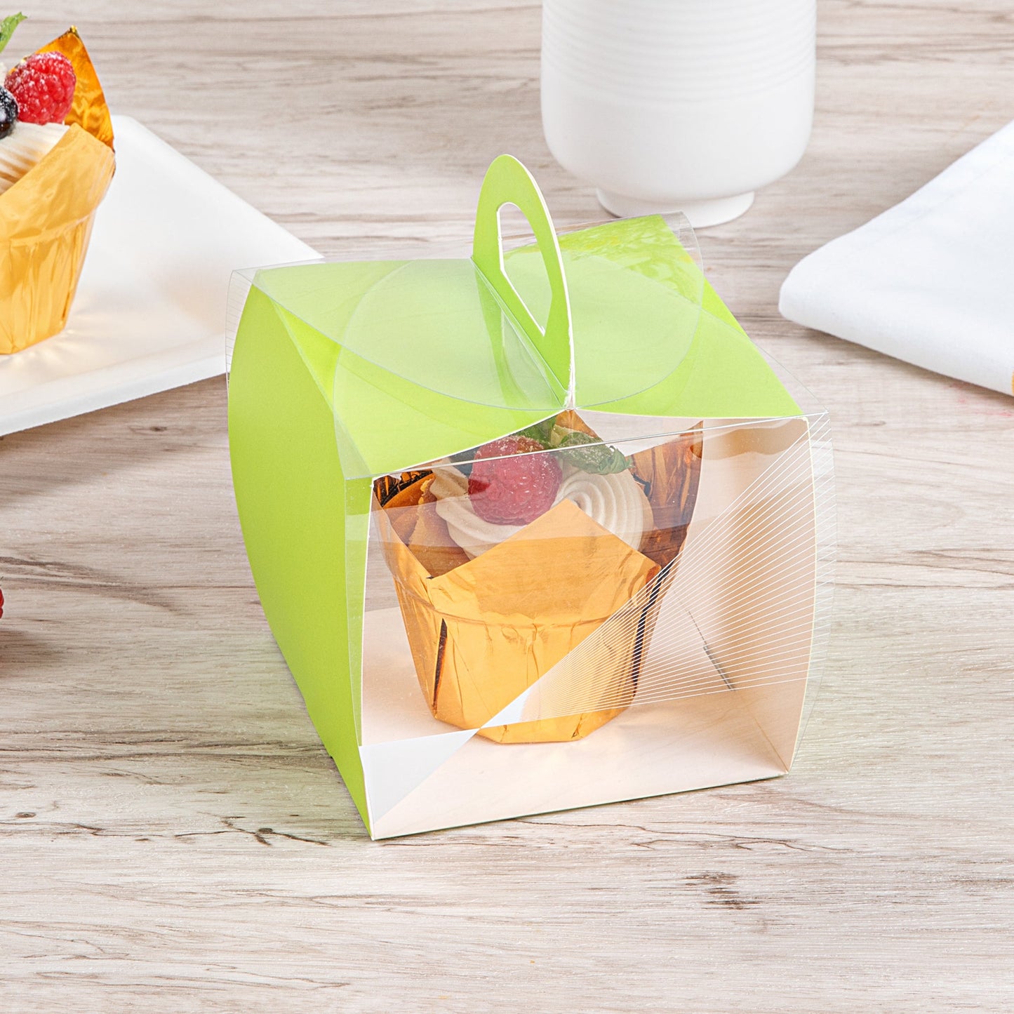 Sweet Vision Square Clear Plastic Cupcake Box - with Handle, Yellow Paper Wrap, Geometric Line Accent - 4" x 4" x 4 1/4" - 100 count box