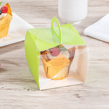 Sweet Vision Square Clear Plastic Cupcake Box - with Handle, Yellow Paper Wrap, Geometric Line Accent - 4" x 4" x 4 1/4" - 100 count box