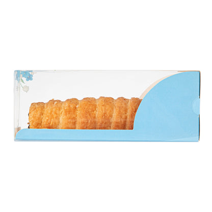 Sweet Vision Rectangle Clear Plastic Eclair Box - Blue Paper Sleeve, Flower Accent - 7" x 2 1/2" x 2 1/2" - 100 count box