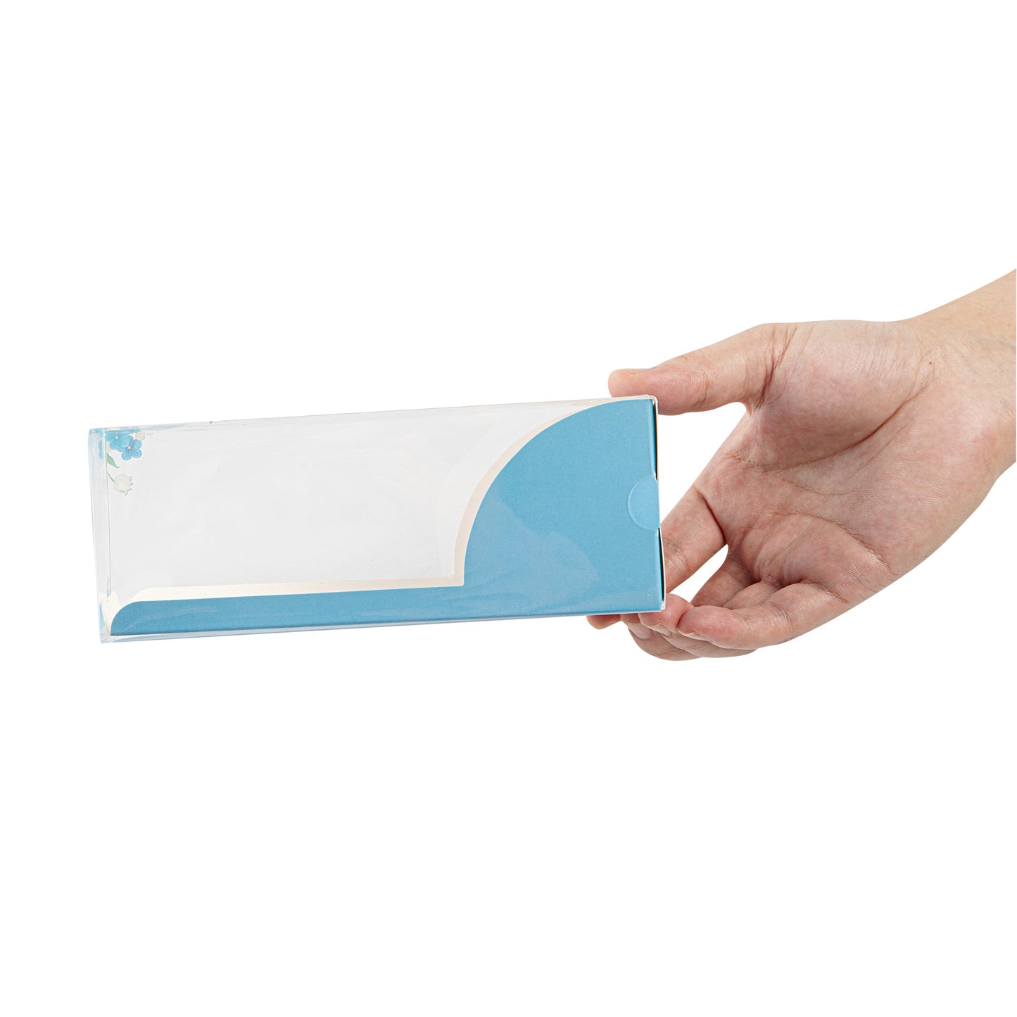 Sweet Vision Rectangle Clear Plastic Eclair Box - Blue Paper Sleeve, Flower Accent - 7" x 2 1/2" x 2 1/2" - 100 count box