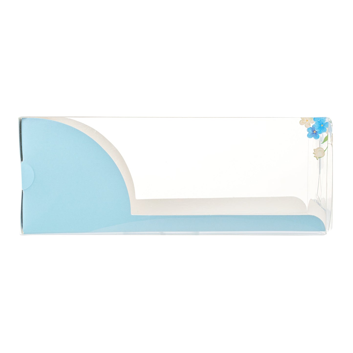 Sweet Vision Rectangle Clear Plastic Eclair Box - Blue Paper Sleeve, Flower Accent - 7" x 2 1/2" x 2 1/2" - 100 count box