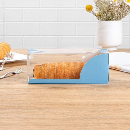 Sweet Vision Rectangle Clear Plastic Eclair Box - Blue Paper Sleeve, Flower Accent - 7" x 2 1/2" x 2 1/2" - 100 count box