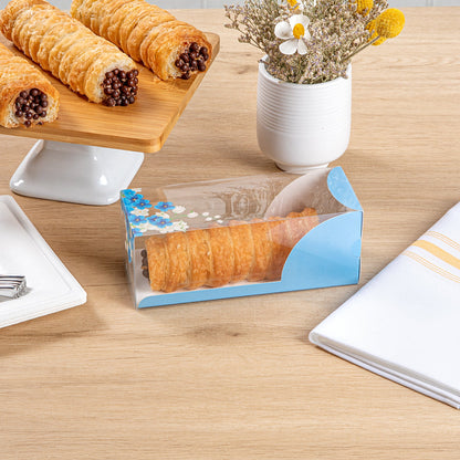 Sweet Vision Rectangle Clear Plastic Eclair Box - Blue Paper Sleeve, Flower Accent - 7" x 2 1/2" x 2 1/2" - 100 count box