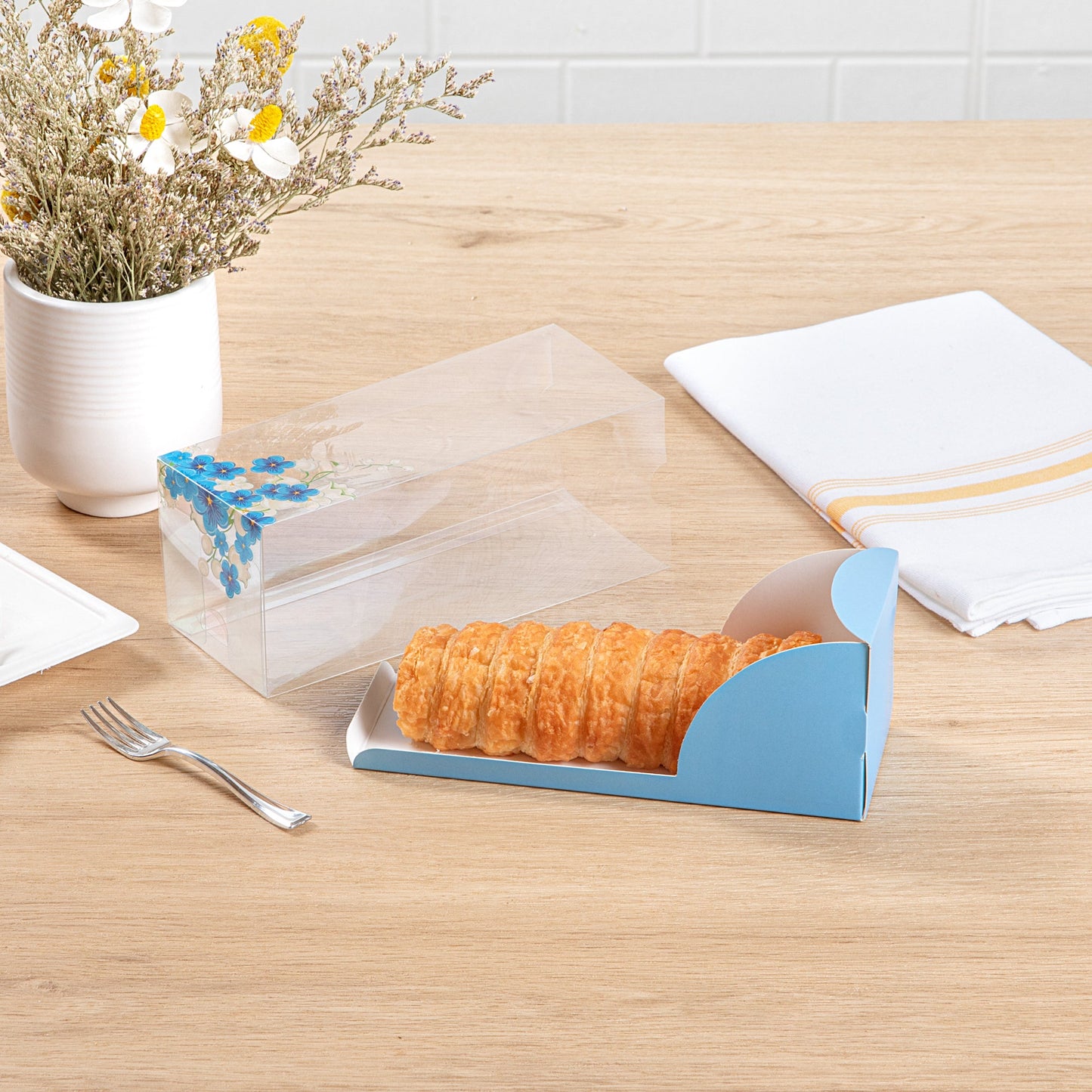Sweet Vision Rectangle Clear Plastic Eclair Box - Blue Paper Sleeve, Flower Accent - 7" x 2 1/2" x 2 1/2" - 100 count box
