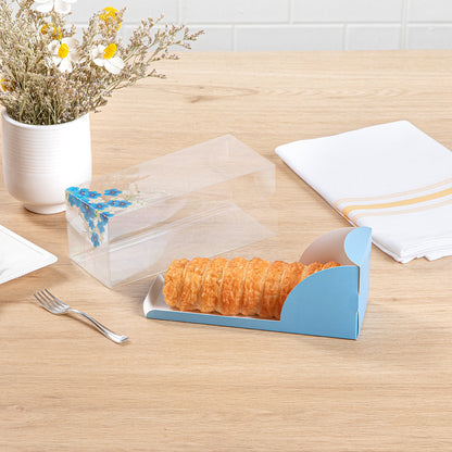 Sweet Vision Rectangle Clear Plastic Eclair Box - Blue Paper Sleeve, Flower Accent - 7" x 2 1/2" x 2 1/2" - 100 count box