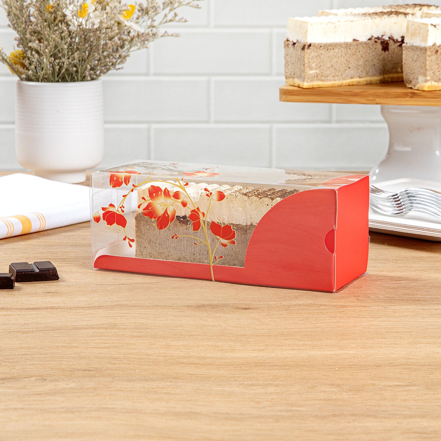 Sweet Vision Rectangle Clear Plastic Eclair Box - Red Paper Sleeve, Flower / Bird Accent - 7" x 2 1/2" x 2 1/2" - 100 count box