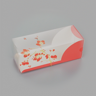 Sweet Vision Rectangle Clear Plastic Eclair Box - Red Paper Sleeve, Flower / Bird Accent - 7" x 2 1/2" x 2 1/2" - 100 count box
