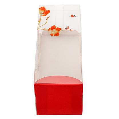 Sweet Vision Rectangle Clear Plastic Eclair Box - Red Paper Sleeve, Flower / Bird Accent - 7" x 2 1/2" x 2 1/2" - 100 count box