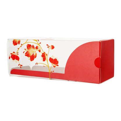Sweet Vision Rectangle Clear Plastic Eclair Box - Red Paper Sleeve, Flower / Bird Accent - 7" x 2 1/2" x 2 1/2" - 100 count box