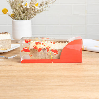 Sweet Vision Rectangle Clear Plastic Eclair Box - Red Paper Sleeve, Flower / Bird Accent - 7" x 2 1/2" x 2 1/2" - 100 count box