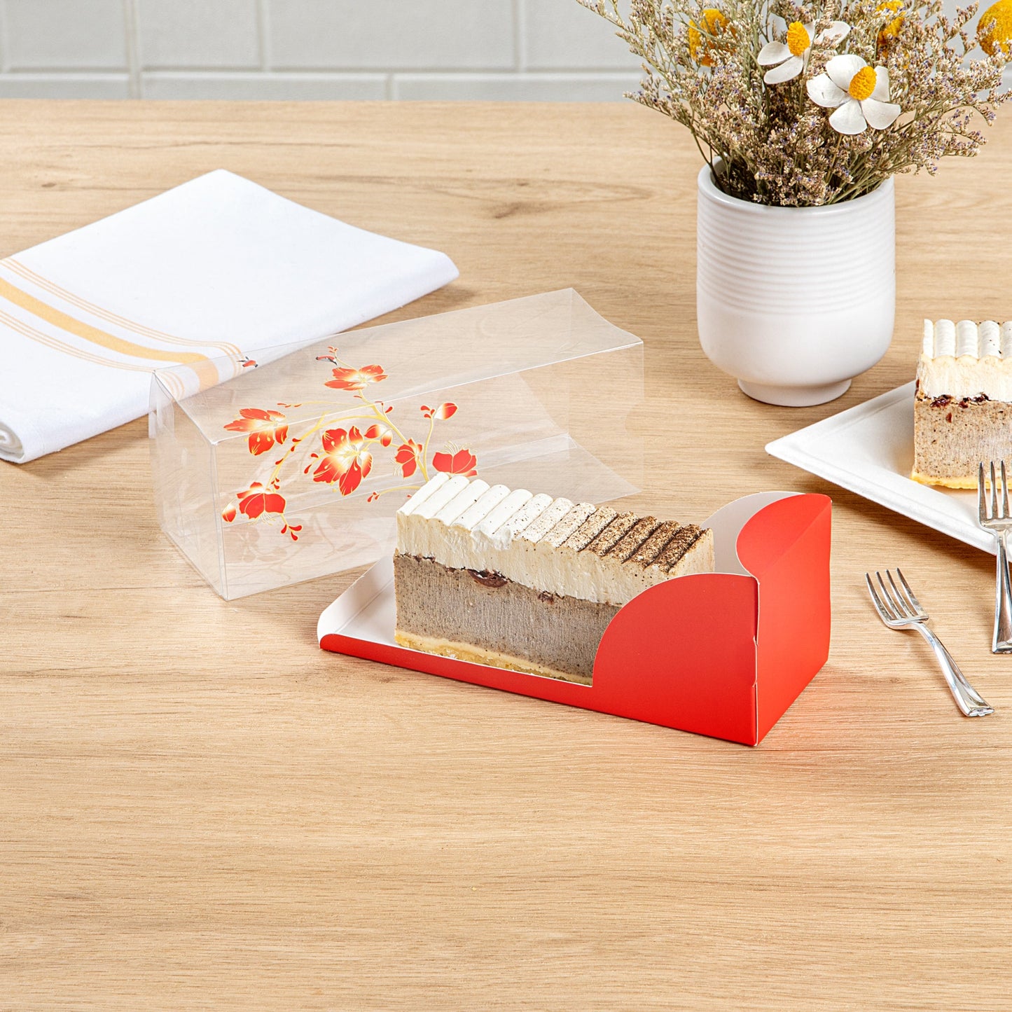 Sweet Vision Rectangle Clear Plastic Eclair Box - Red Paper Sleeve, Flower / Bird Accent - 7" x 2 1/2" x 2 1/2" - 100 count box
