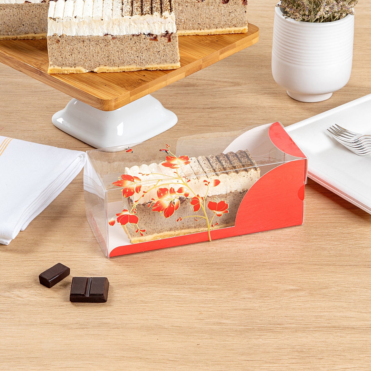 Sweet Vision Rectangle Clear Plastic Eclair Box - Red Paper Sleeve, Flower / Bird Accent - 7" x 2 1/2" x 2 1/2" - 100 count box