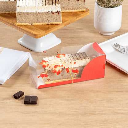 Sweet Vision Rectangle Clear Plastic Eclair Box - Red Paper Sleeve, Flower / Bird Accent - 7" x 2 1/2" x 2 1/2" - 100 count box