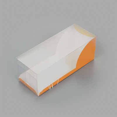 Sweet Vision Rectangle Clear Plastic Eclair Box - Orange Paper Sleeve, Leaf Accent - 7" x 2 1/2" x 2 1/2" - 100 count box