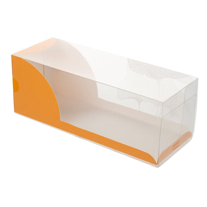 Sweet Vision Rectangle Clear Plastic Eclair Box - Orange Paper Sleeve, Leaf Accent - 7" x 2 1/2" x 2 1/2" - 100 count box