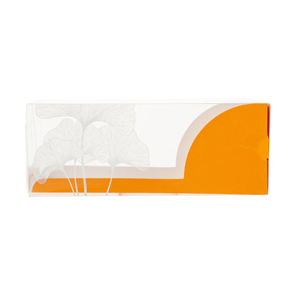 Sweet Vision Rectangle Clear Plastic Eclair Box - Orange Paper Sleeve, Leaf Accent - 7" x 2 1/2" x 2 1/2" - 100 count box