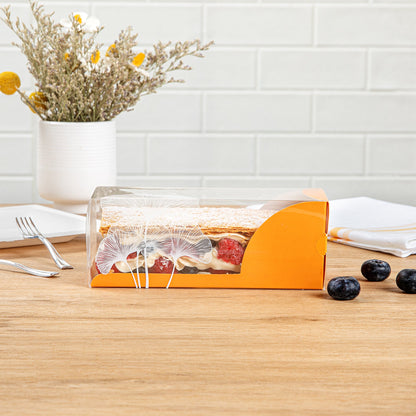 Sweet Vision Rectangle Clear Plastic Eclair Box - Orange Paper Sleeve, Leaf Accent - 7" x 2 1/2" x 2 1/2" - 100 count box