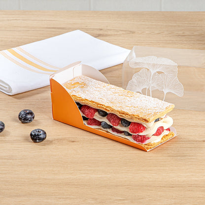Sweet Vision Rectangle Clear Plastic Eclair Box - Orange Paper Sleeve, Leaf Accent - 7" x 2 1/2" x 2 1/2" - 100 count box
