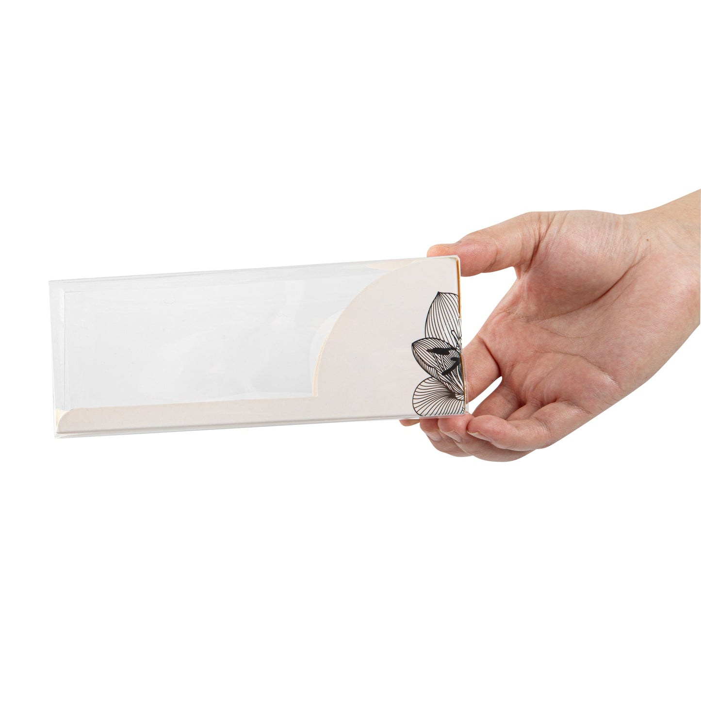 Sweet Vision Rectangle Clear Plastic Eclair Box - White Paper Sleeve, Lotus Accent - 7" x 2 1/2" x 2 1/2" - 100 count box