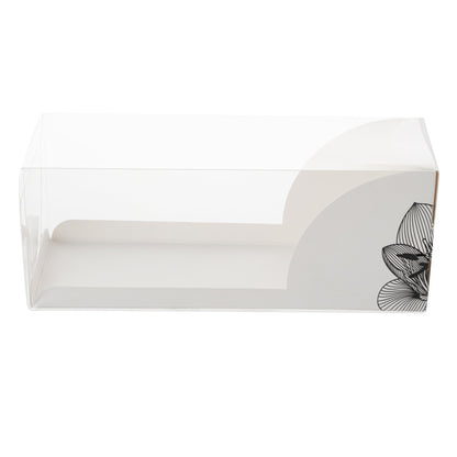 Sweet Vision Rectangle Clear Plastic Eclair Box - White Paper Sleeve, Lotus Accent - 7" x 2 1/2" x 2 1/2" - 100 count box