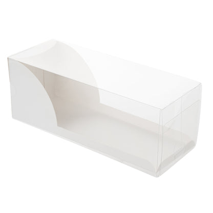 Sweet Vision Rectangle Clear Plastic Eclair Box - White Paper Sleeve, Lotus Accent - 7" x 2 1/2" x 2 1/2" - 100 count box
