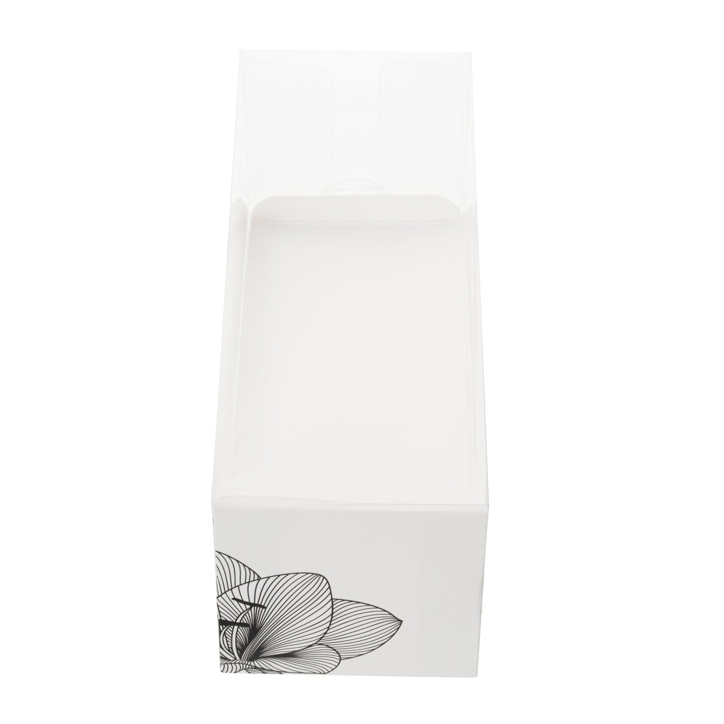 Sweet Vision Rectangle Clear Plastic Eclair Box - White Paper Sleeve, Lotus Accent - 7" x 2 1/2" x 2 1/2" - 100 count box