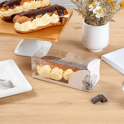 Sweet Vision Rectangle Clear Plastic Eclair Box - White Paper Sleeve, Lotus Accent - 7" x 2 1/2" x 2 1/2" - 100 count box