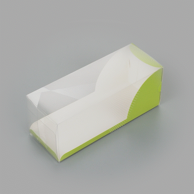 Sweet Vision Rectangle Clear Plastic Eclair Box - Green Paper Sleeve, Geometric Line Accent - 7" x 2 1/2" x 2 1/2" - 100 count box