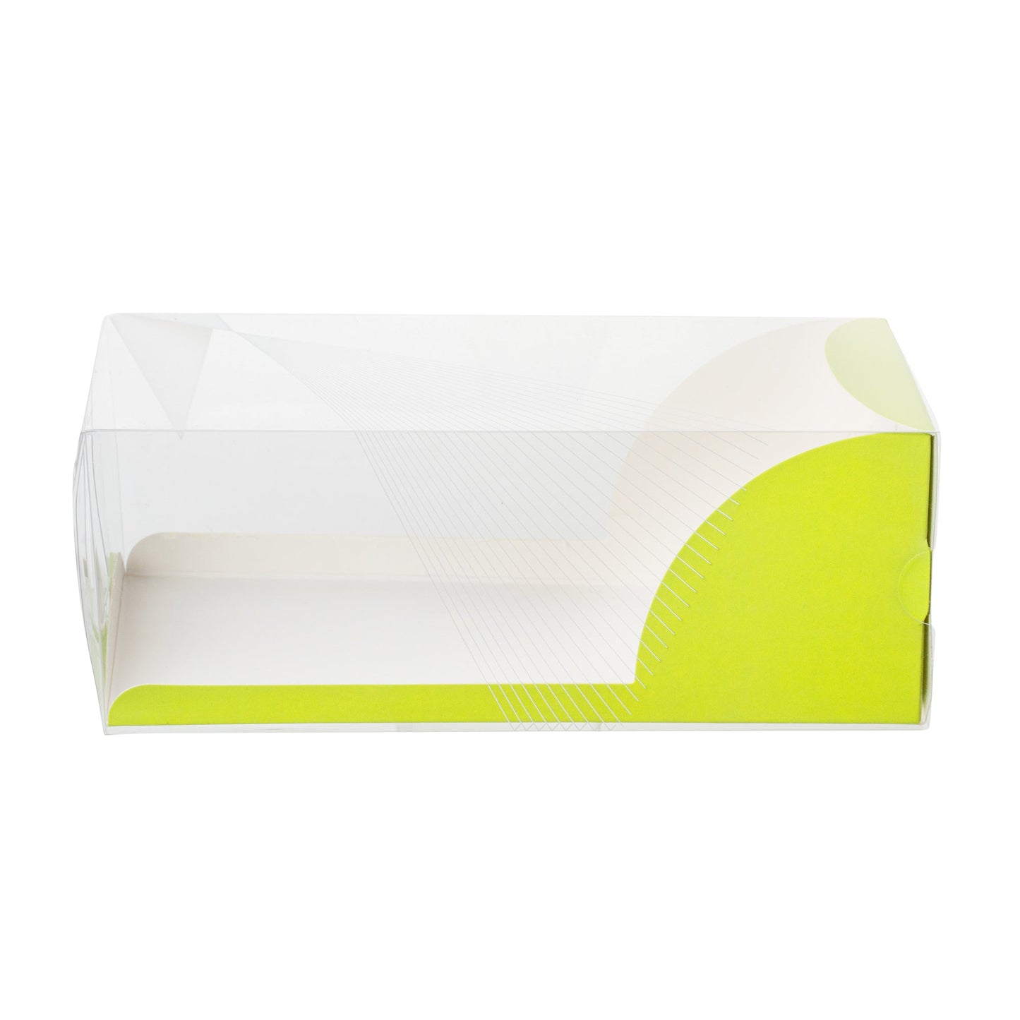 Sweet Vision Rectangle Clear Plastic Eclair Box - Green Paper Sleeve, Geometric Line Accent - 7" x 2 1/2" x 2 1/2" - 100 count box