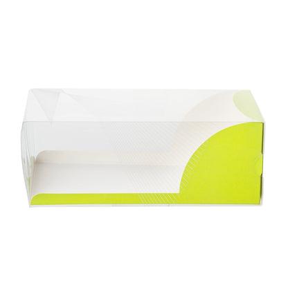 Sweet Vision Rectangle Clear Plastic Eclair Box - Green Paper Sleeve, Geometric Line Accent - 7" x 2 1/2" x 2 1/2" - 100 count box
