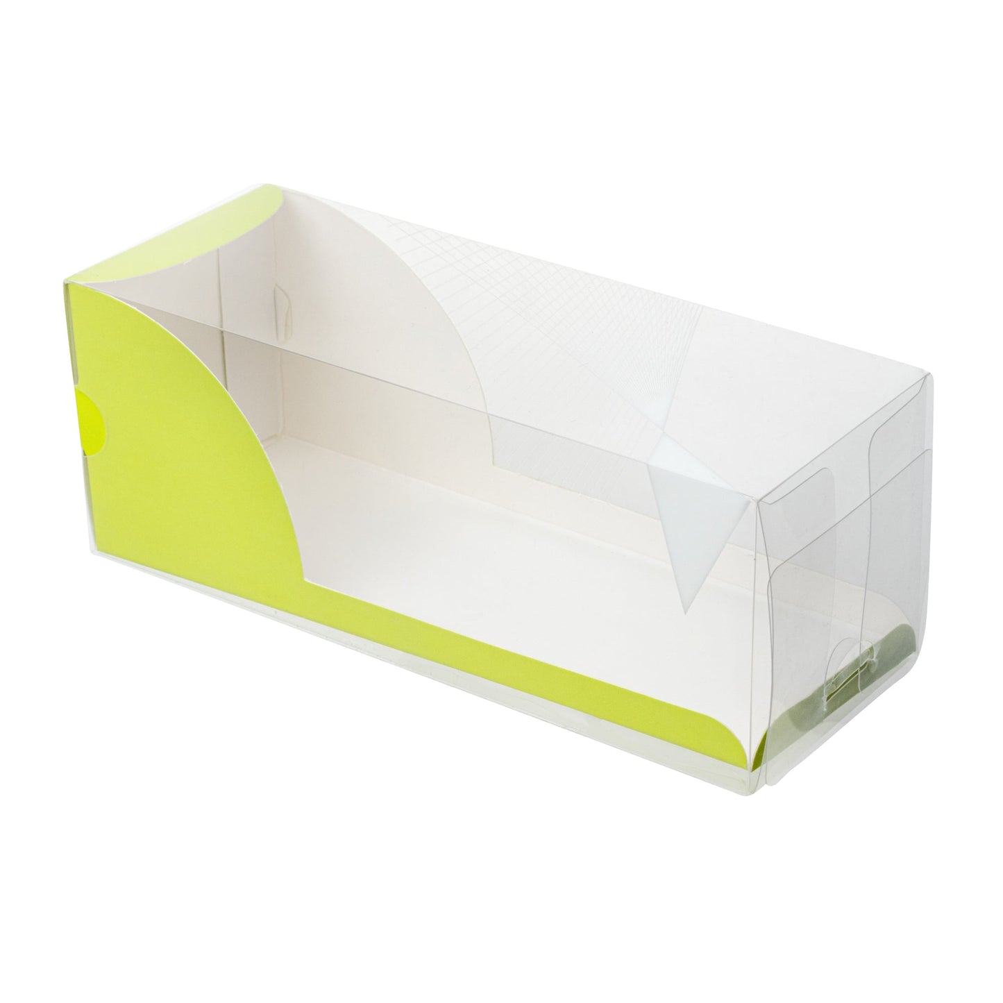 Sweet Vision Rectangle Clear Plastic Eclair Box - Green Paper Sleeve, Geometric Line Accent - 7" x 2 1/2" x 2 1/2" - 100 count box