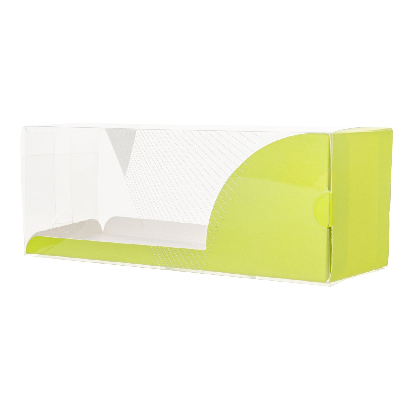 Sweet Vision Rectangle Clear Plastic Eclair Box - Green Paper Sleeve, Geometric Line Accent - 7" x 2 1/2" x 2 1/2" - 100 count box